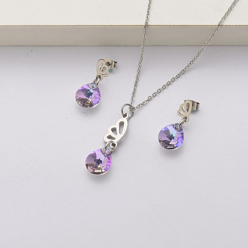 Conjuntos de joyas de acero inoxidable con cristal de ala de mariposa para mujer-SSCSG143-34449