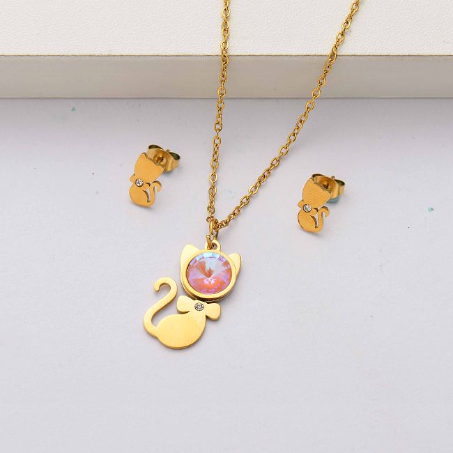 Conjuntos de joias de aço inoxidável banhado a ouro 18k de cristal Cat para mulheres-SSCSG143-34500