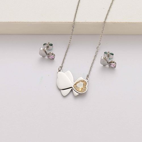 Conjuntos de joyas de acero inoxidable con cristal de mariposa en forma de corazón para mujer-SSCSG143-34610