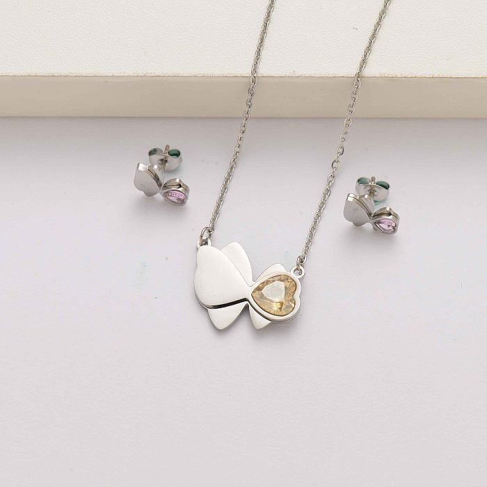 Conjuntos de joias em aço inoxidável de cristal borboleta em forma de coração para mulheres-SSCSG143-34610