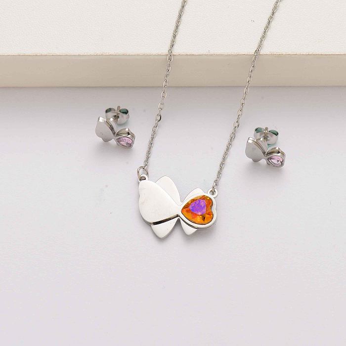 Conjuntos de joyas de acero inoxidable con cristal de mariposa en forma de corazón para mujer-SSCSG143-34605