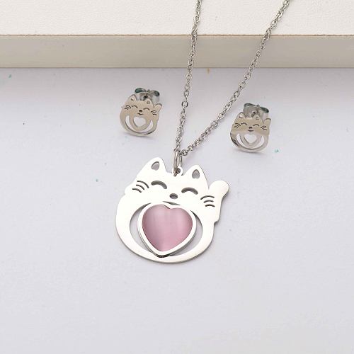 Conjuntos de joyas de acero inoxidable con piedra natural de gato para mujer-SSCSG143-34555