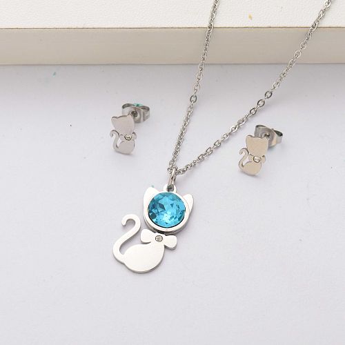 Cat crystal stainless steel jewelry sets for women-SSCSG143-34527