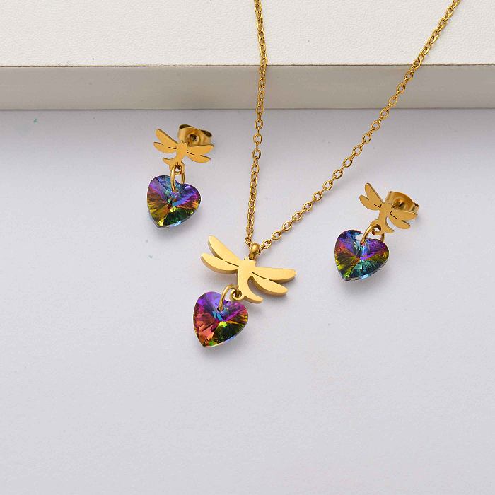 Dragonfly crystal 18k gold plated stainless steel jewelry sets for women-SSCSG143-34455