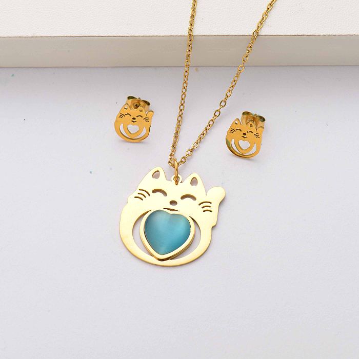 Cat natural stone 18k gold plated stainless steel jewelry sets for women-SSCSG143-34562
