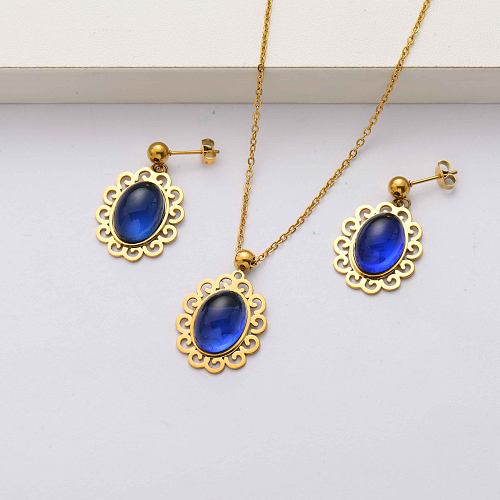 Natural stone 18k gold plated stainless steel jewelry sets for women-SSCSG143-34484