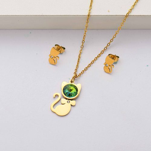 Ensembles de bijoux en acier inoxydable plaqué or 18 carats en cristal de chat pour femmes-SSCSG143-34506