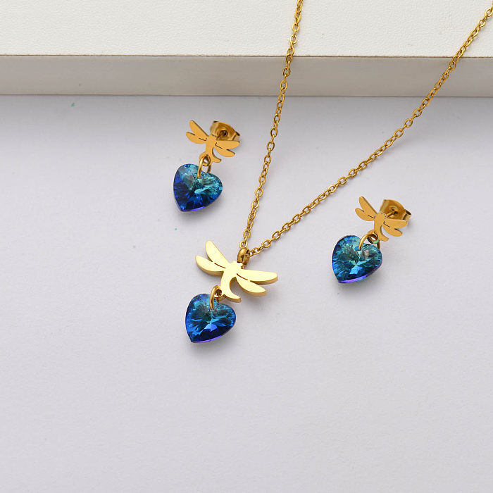 Dragonfly crystal conjuntos de joyas de acero inoxidable chapado en oro de 18 quilates para mujeres-SSCSG143-34647