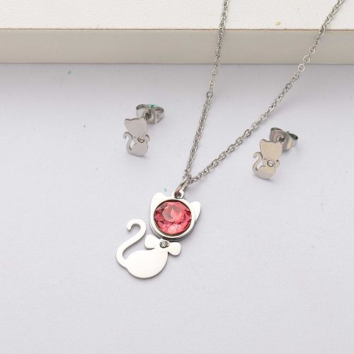 Ensembles de bijoux en acier inoxydable avec cristal de chat pour femmes-SSCSG143-34528
