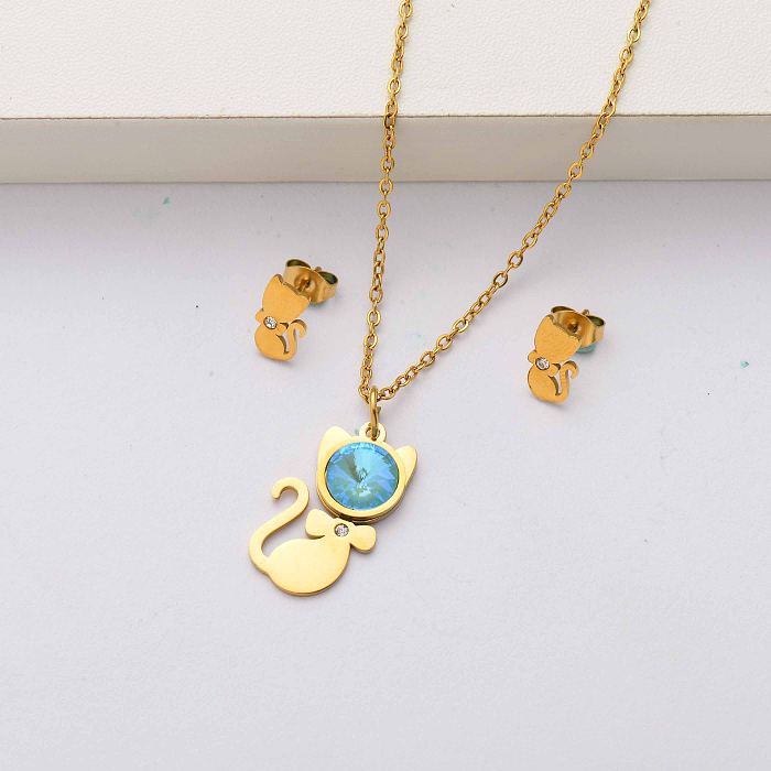 Cat crystal 18k gold plated stainless steel jewelry sets for women-SSCSG143-34499