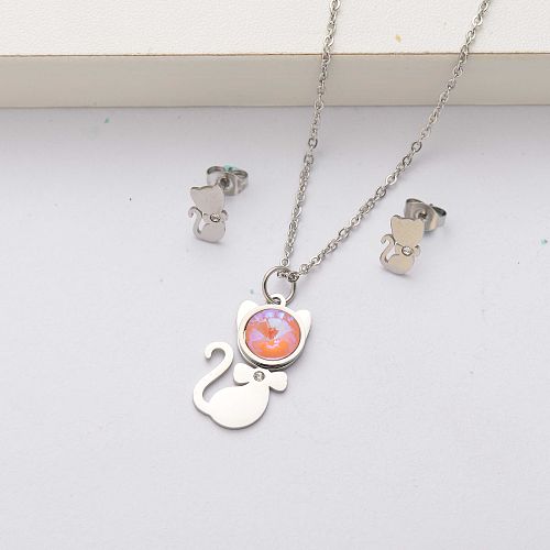 Conjuntos de joyas de acero inoxidable con cristales de gato para mujer-SSCSG143-34526