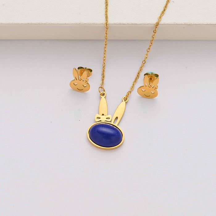 Rabbit natural stone 18k gold plated stainless steel jewelry sets for women-SSCSG143-34582