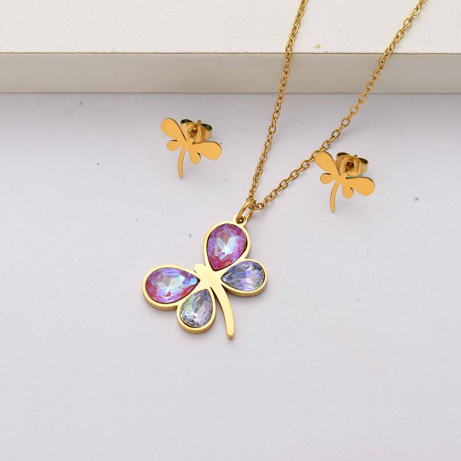 Dragonfly crystal 18k gold plated stainless steel jewelry sets for women-SSCSG143-34546