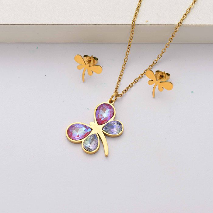 Dragonfly crystal 18k gold plated stainless steel jewelry sets for women-SSCSG143-34546