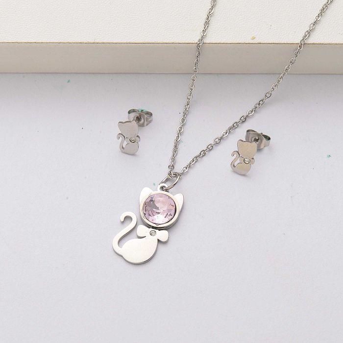 Cat crystal stainless steel jewelry sets for women-SSCSG143-34537