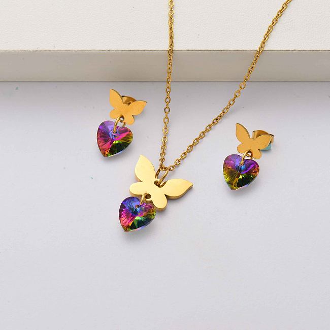Ensembles de bijoux en acier inoxydable plaqué or 18 carats Butterfly pour femmes-SSCSG143-34456