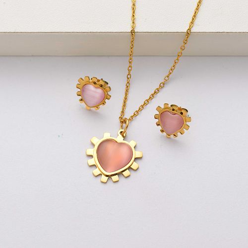 Conjuntos de joyas de acero inoxidable chapado en oro de 18 quilates con piedra natural de corazón para mujer-SSCSG143-34467