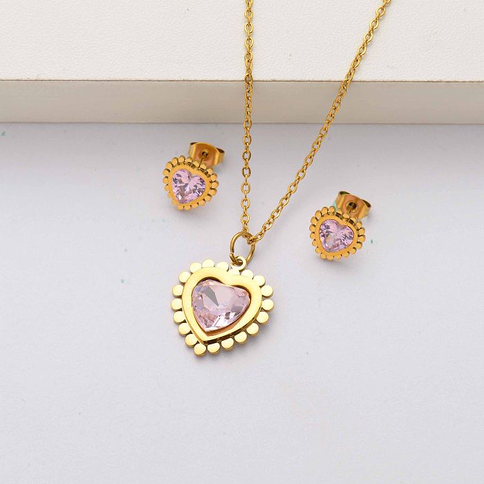 طقم مجوهرات من الفولاذ المقاوم للصدأ مطلي بالذهب عيار 18 قيراط على شكل قلب للنساء- SSCSG143-34470