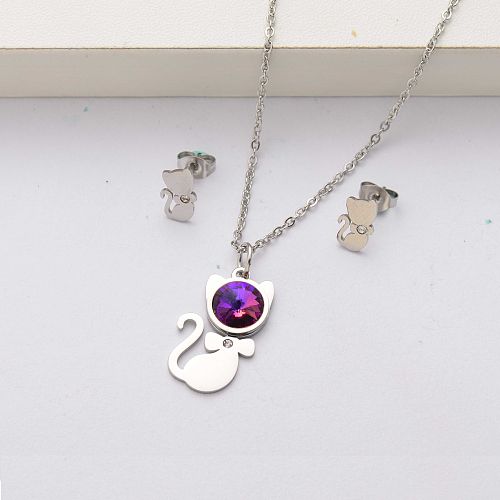 Conjuntos de joias de cristal de aço inoxidável Cat para mulheres-SSCSG143-34517
