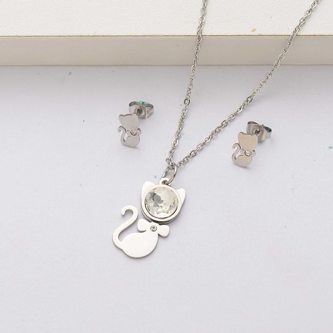 Conjuntos de joyas de acero inoxidable con cristales de gato para mujer-SSCSG143-34536