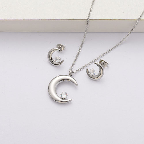 Crescent moon CZ zircon stainless steel jewelry sets for women-SSCSG143-34368