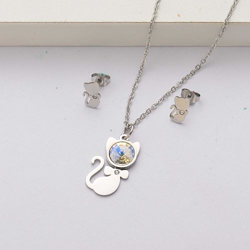 Cat crystal stainless steel jewelry sets for women-SSCSG143-34515