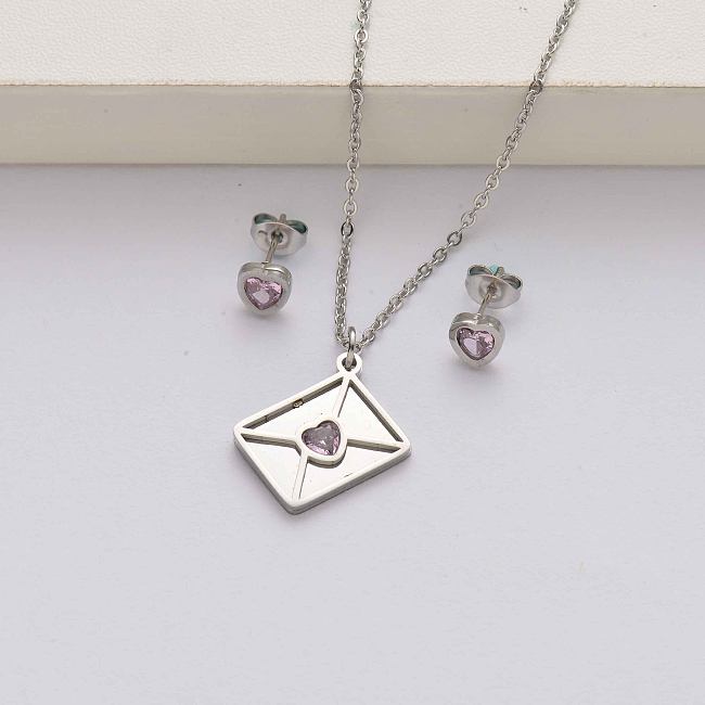 Conjuntos de joias de aço inoxidável de cristal de coração com envelope para mulheres-SSCSG142-34613