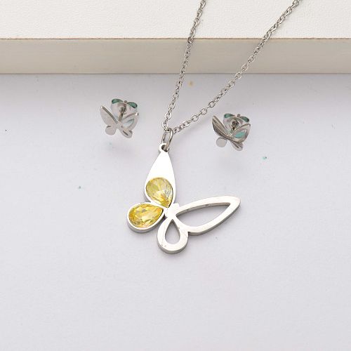 Conjuntos de joyas de acero inoxidable con cristales de mariposa para mujer-SSCSG143-34552