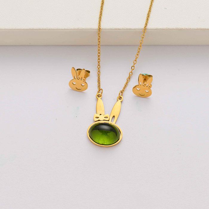 Rabbit natural stone 18k gold plated stainless steel jewelry sets for women-SSCSG143-34586