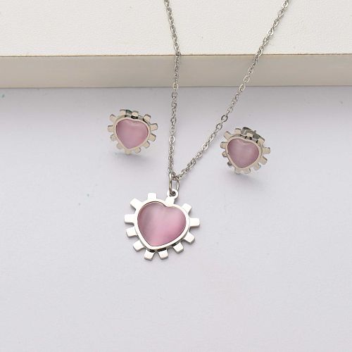 Conjuntos de joyas de acero inoxidable con piedra natural de corazón para mujer-SSCSG143-34466