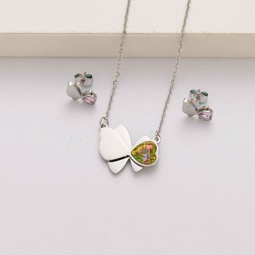 Conjuntos de joyas de acero inoxidable con cristal de mariposa en forma de corazón para mujer-SSCSG143-34607