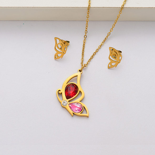 Conjuntos de joyas de acero inoxidable chapados en oro de 18 quilates con cristales de mariposa para mujeres-SSCSG143-34423