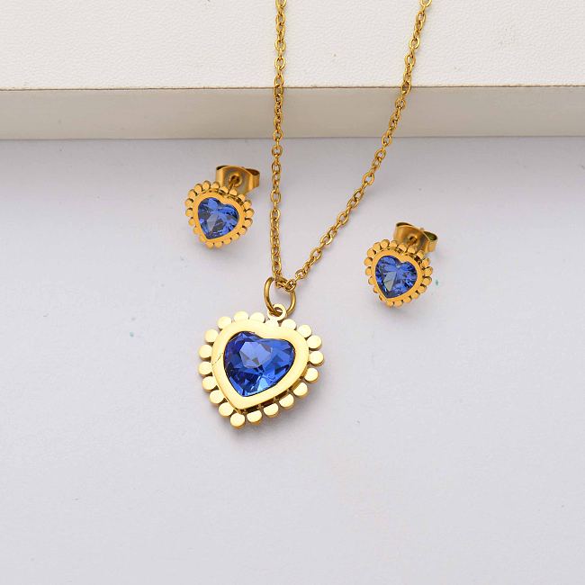 Conjuntos de joyas de acero inoxidable chapado en oro de 18k con cristales de corazón para mujeres-SSCSG143-34472