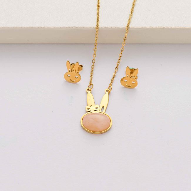 Rabbit natural stone 18k gold plated stainless steel jewelry sets for women-SSCSG143-34587
