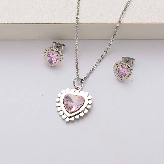 أطقم مجوهرات من الستانلس ستيل الكريستالية على شكل قلب للنساء- SSCSG143-34475