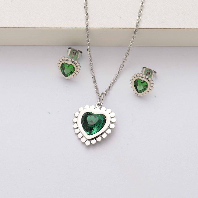 Conjuntos de joyas de acero inoxidable con cristales de corazón para mujer-SSCSG143-34474