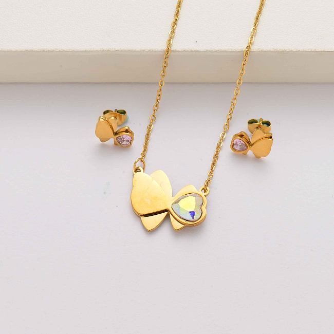 أطقم مجوهرات من الفولاذ المقاوم للصدأ مطلية بالذهب عيار 18 قيراط على شكل قلب فراشة للنساء- SSCSG143-34599
