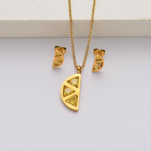 Orange crystal 18k gold plated stainless steel jewelry sets for women-SSCSG142-34624