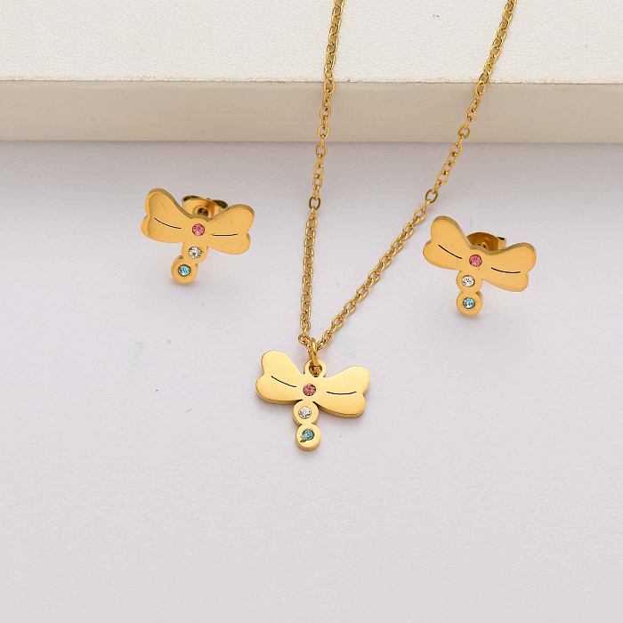 Dragonfly crystal 18k gold plated stainless steel jewelry sets for women-SSCSG142-34630