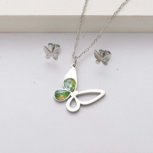 Conjuntos de joias de cristal borboleta de aço inoxidável para mulheres-SSCSG143-34551