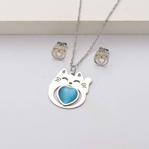 Conjuntos de joyas de acero inoxidable con piedra natural de gato para mujer-SSCSG143-34554