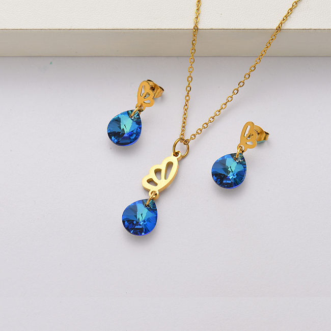 Conjuntos de joyas de acero inoxidable chapados en oro de 18 quilates con cristal de ala de mariposa para mujeres-SSCSG143-34445