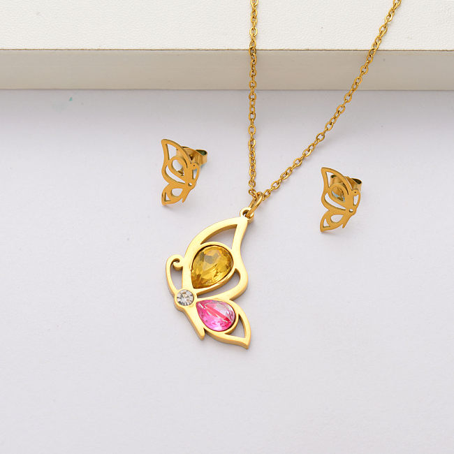 Ensembles de bijoux en acier inoxydable plaqué or 18 carats en cristal de papillon pour femmes-SSCSG143-34418