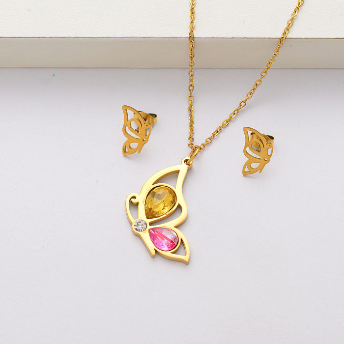 Butterfly crystal 18k gold plated stainless steel jewelry sets for women-SSCSG143-34418