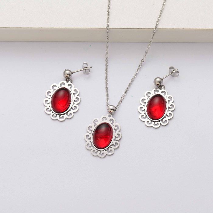 Conjuntos de joyas de piedra natural de acero inoxidable para mujer-SSCSG143-34477