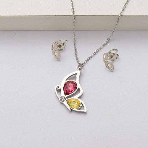 Conjuntos de collar de acero inoxidable con cristal de mariposa para mujer-SSCSG143-34431
