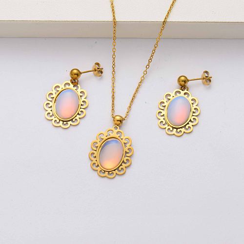 Conjuntos de joyas de acero inoxidable chapado en oro de 18k con piedra natural para mujer-SSCSG143-34478
