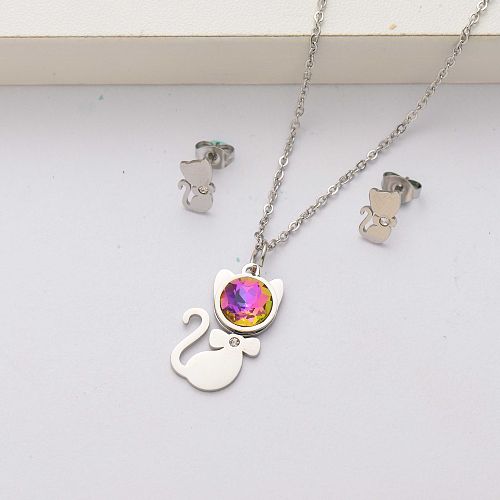 Ensembles de bijoux en acier inoxydable avec cristal de chat pour femmes-SSCSG143-34532