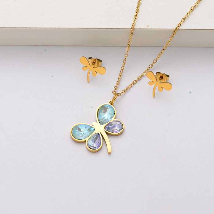 Dragonfly crystal 18k gold plated stainless steel jewelry sets for women-SSCSG143-34547
