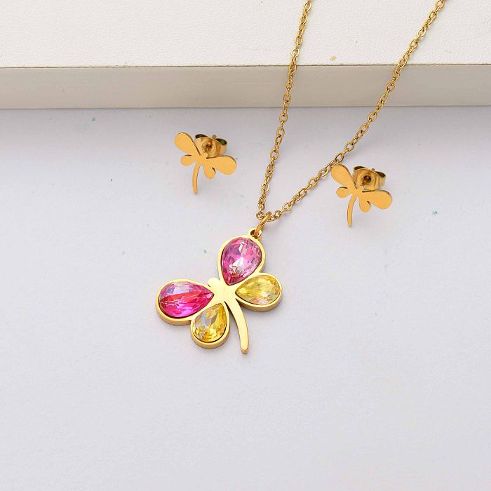 Dragonfly crystal 18k gold plated stainless steel jewelry sets for women-SSCSG143-34545